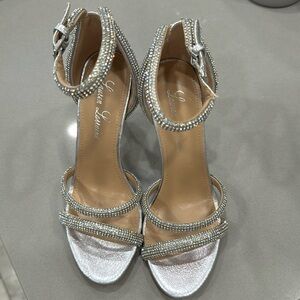 Lauren Lorraine silver, jeweled evening sandals, size 7